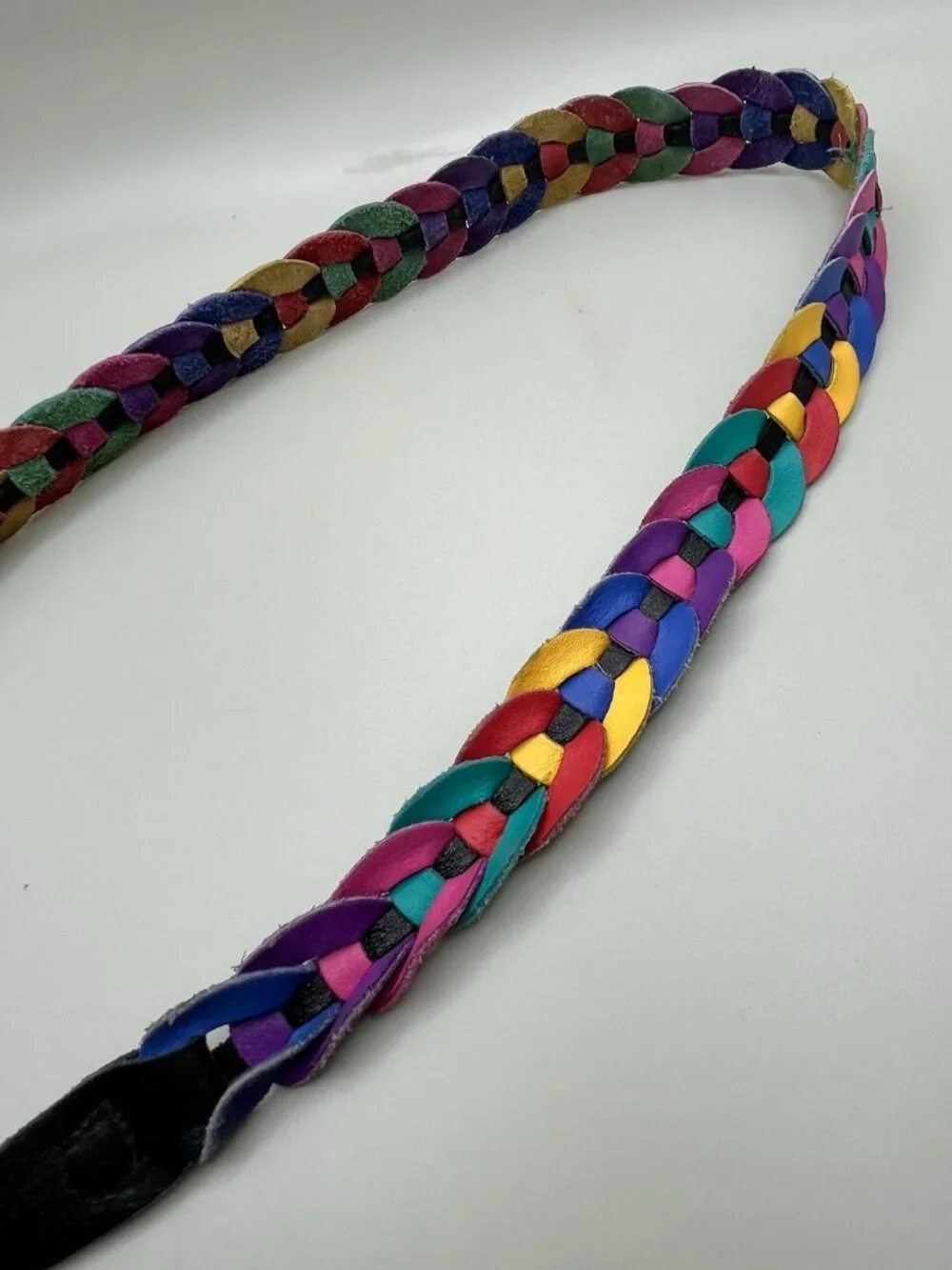 VTG 80s Rainbow Braided Genuine Leather Belt Size Large Colorblock Retro Funky